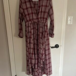 JODIFL Burgundy Plaid Long Sleeve Dress